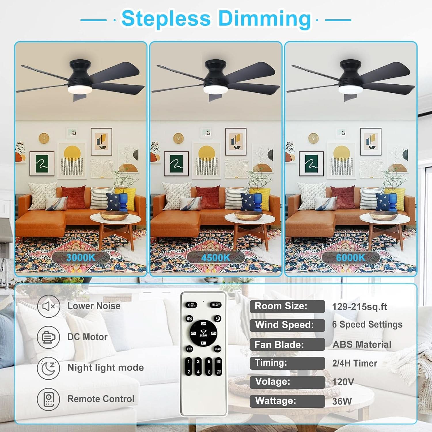 42 Inch Ceiling Fan With Dimmable LED Light Remote