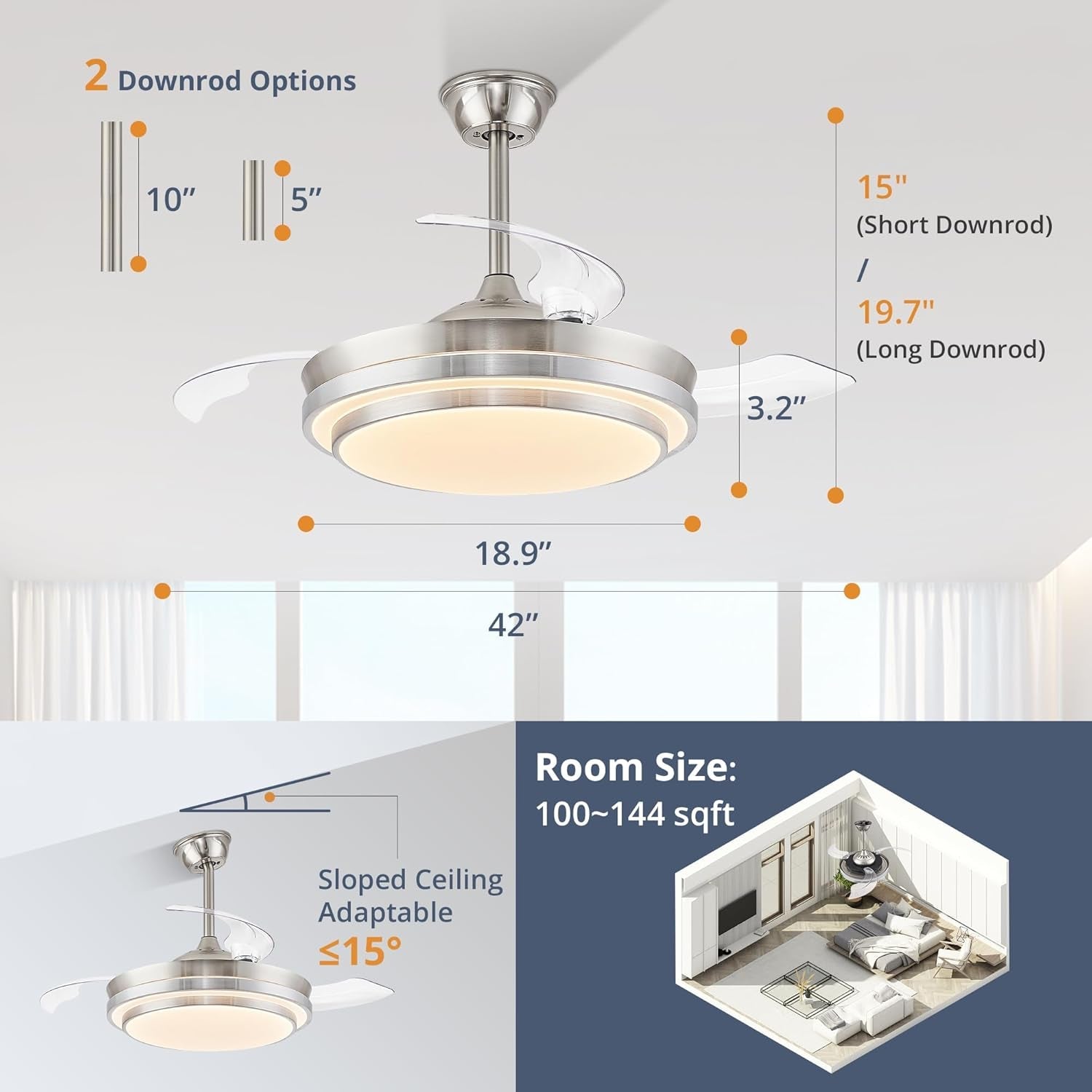 42 Inch Ceiling Fan With Dimmable Lighting And Remote Control