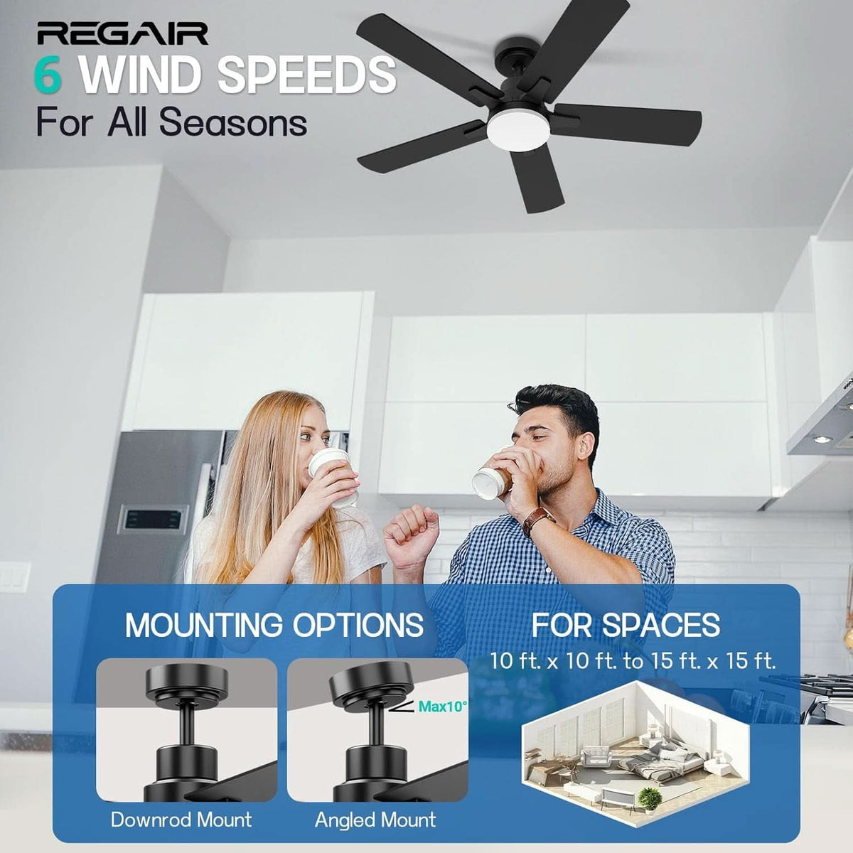 42 Inch Ceiling Fan With Light Remote DC Motor 3CCT Black