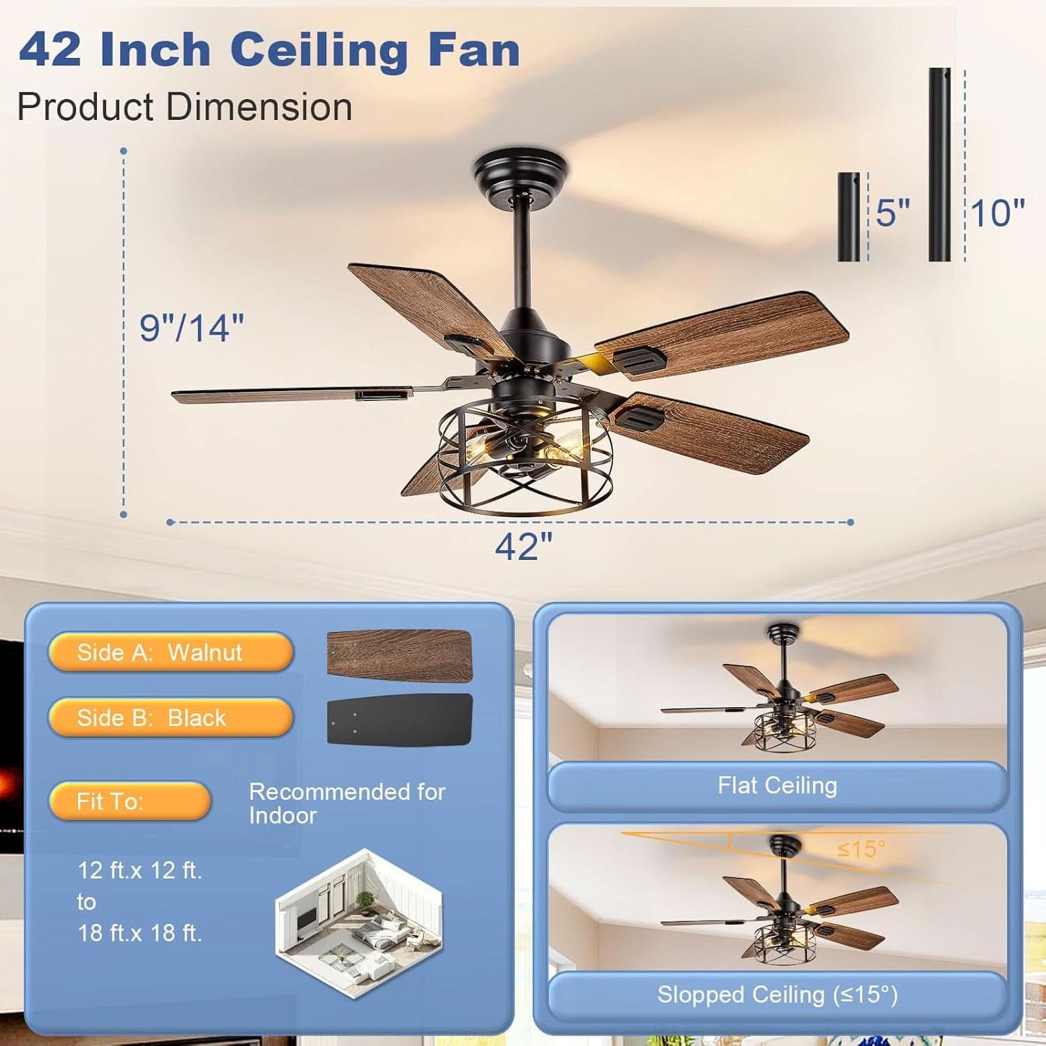 42 Inch Farmhouse Cage Ceiling Fan With Remote E26 Bulbs