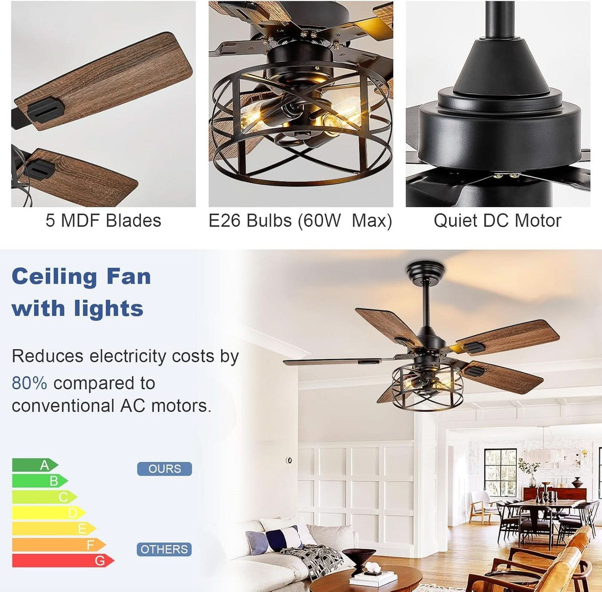 42 Inch Farmhouse Cage Ceiling Fan With Remote E26 Bulbs