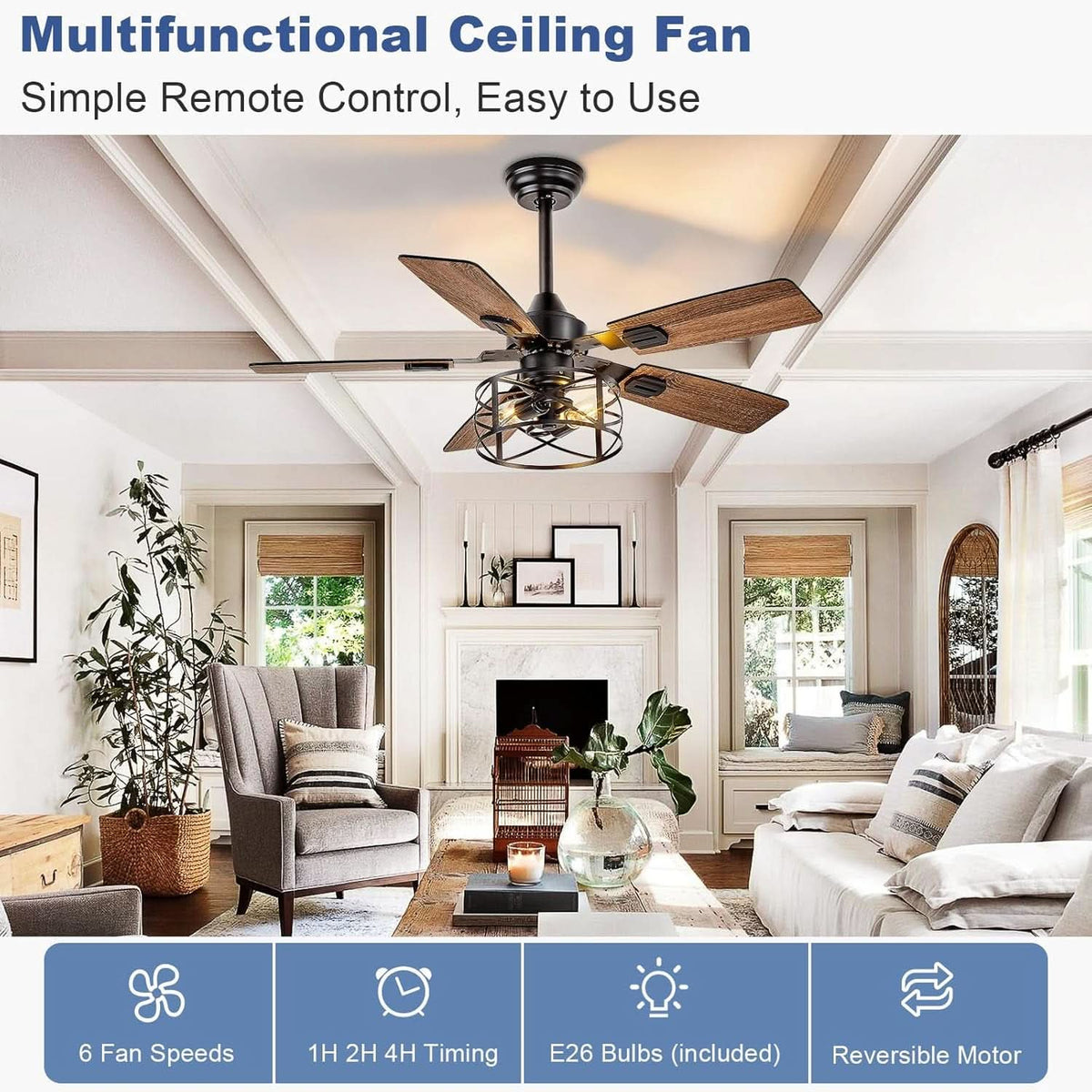42 Inch Farmhouse Cage Ceiling Fan With Remote E26 Bulbs