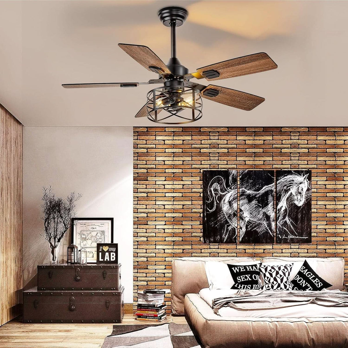42 Inch Farmhouse Cage Ceiling Fan With Remote E26 Bulbs