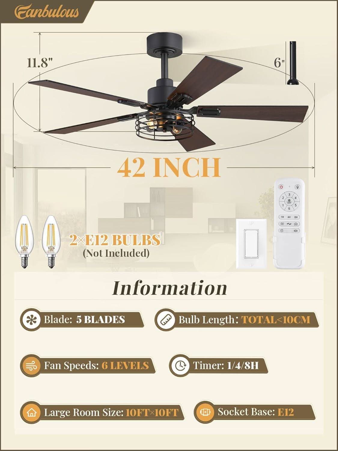 42 Inch Farmhouse Ceiling Fan With Lights Black Cage 2 Pack