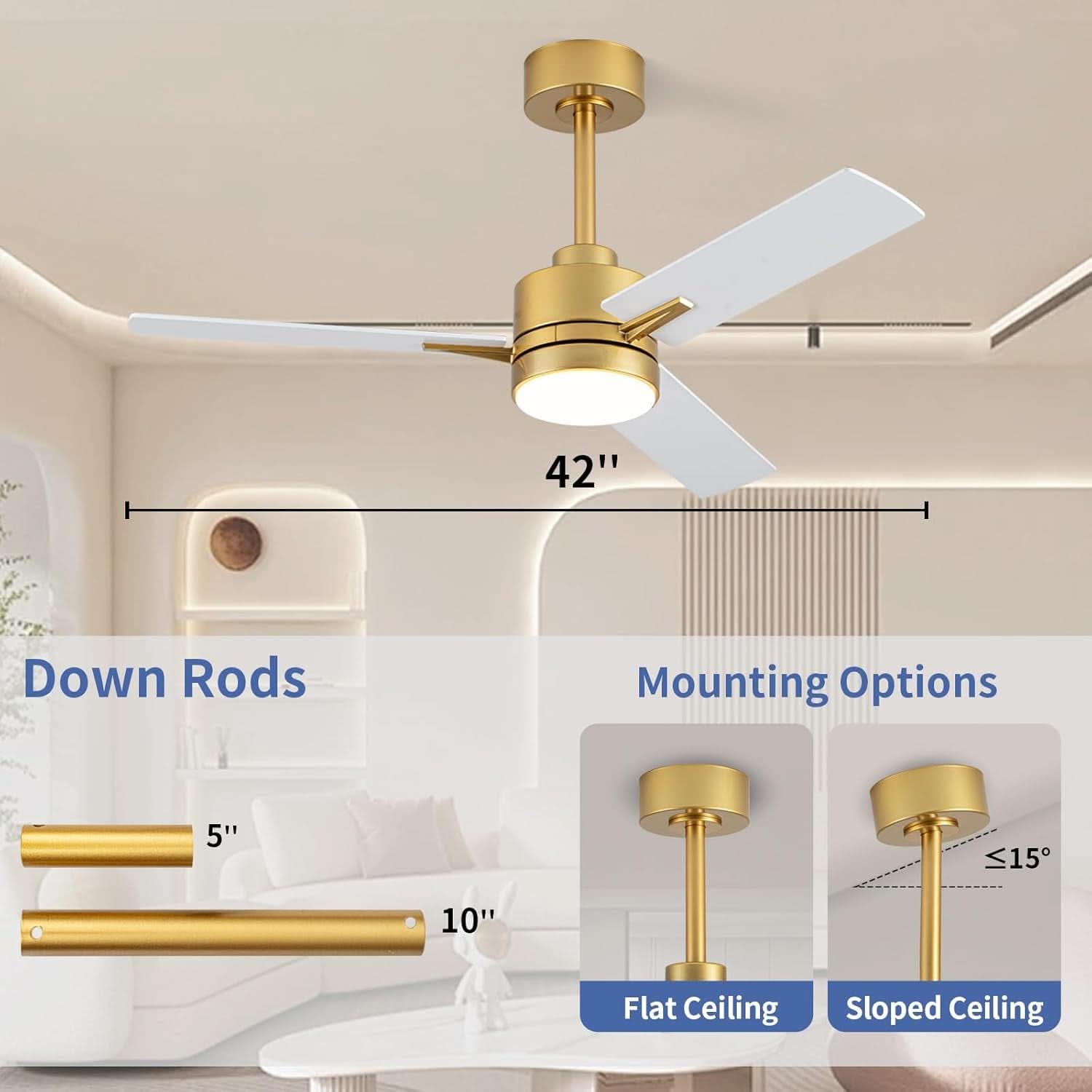 42 Inch Gold Ceiling Fan With Integrated LED Lighting