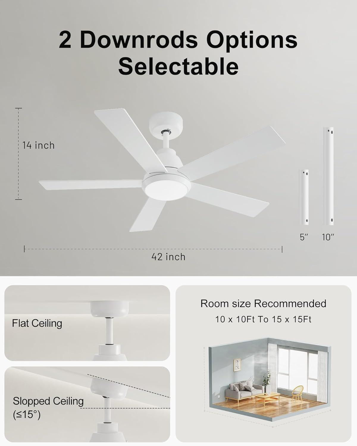42 Inch White Ceiling Fan With LED Light And App Control