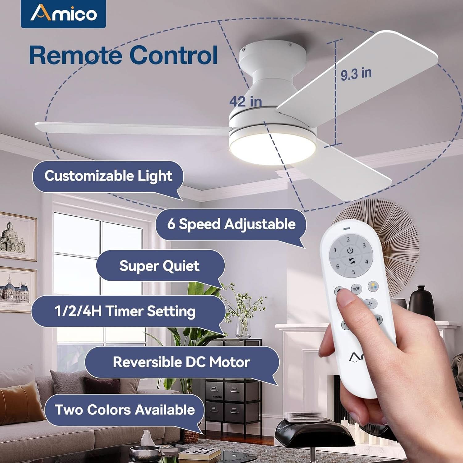 42 Inch White Ceiling Fan With Remote Control And Dimmable Lights
