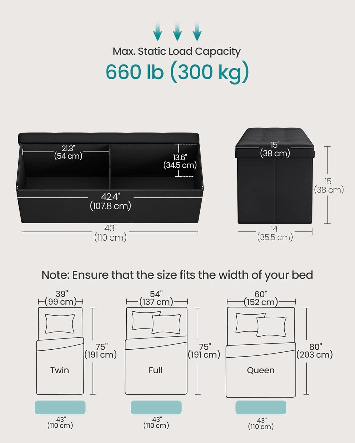 43 Inch Folding Storage Ottoman Black Synthetic Leather