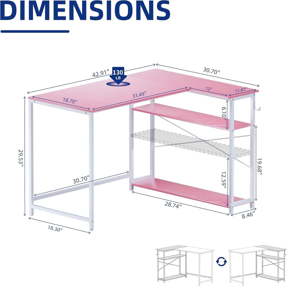 43-Inch L-Shaped Computer Desk With Reversible Shelves