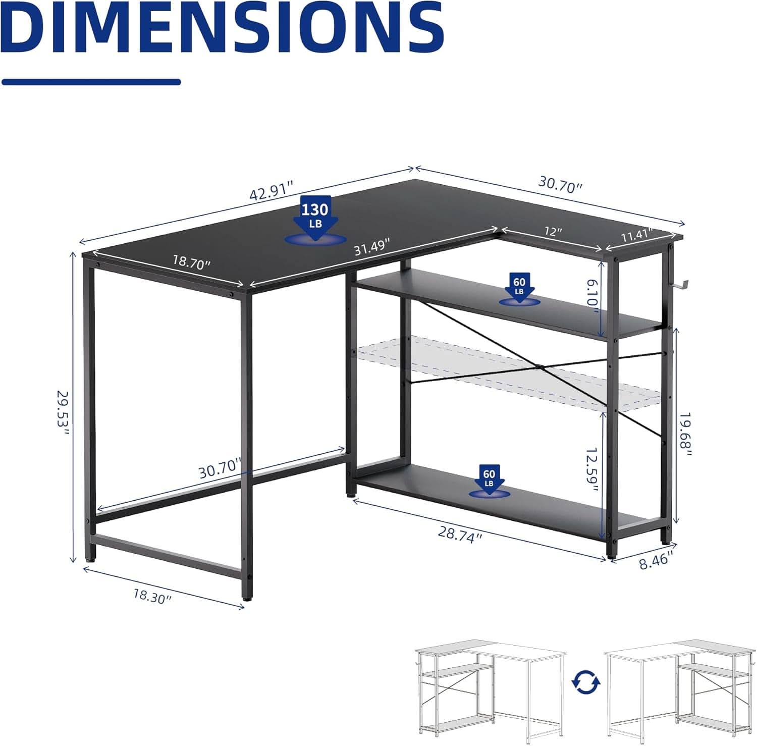 43 Inch L Shaped Desk With Reversible Shelves Espresso Gray