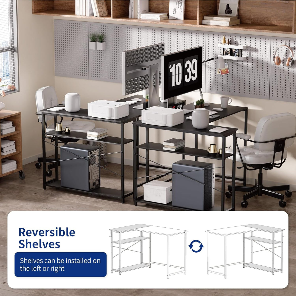 43 Inch L Shaped Desk With Reversible Shelves Espresso Gray