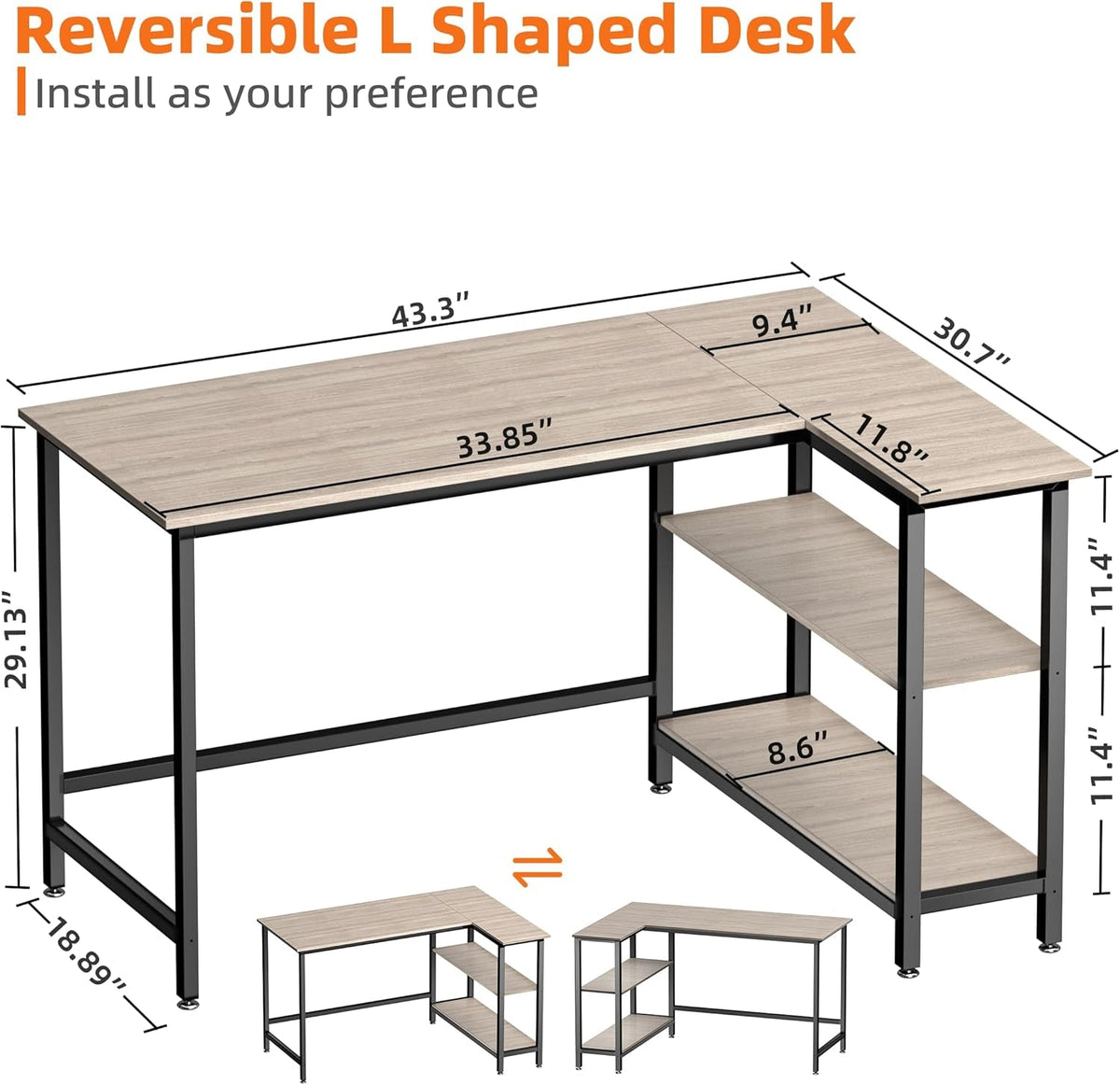 43 Inch L Shaped Desk With Shelves For Home Office