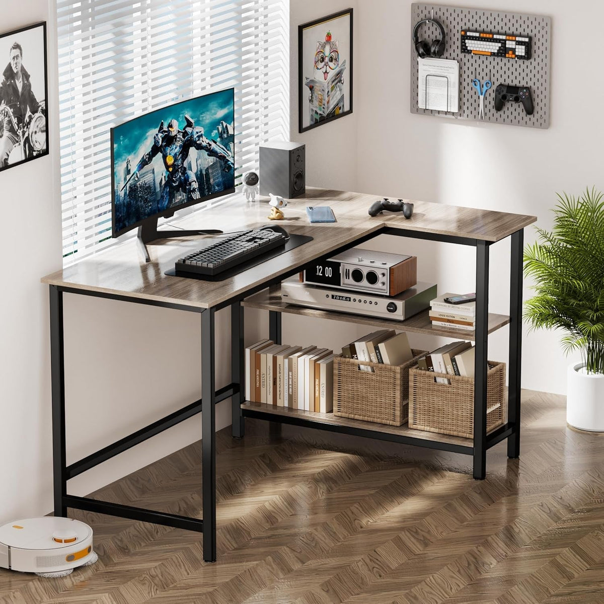 43 Inch L Shaped Desk With Shelves For Home Office