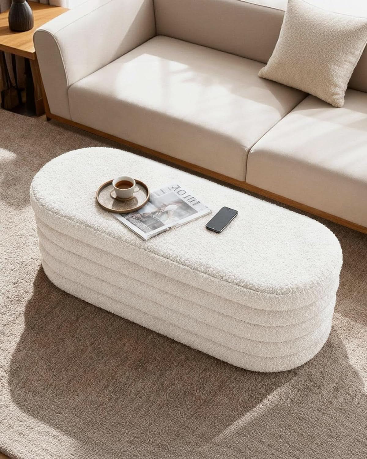 43 Inch SherpaWhite Upholstered Storage Ottoman Bench