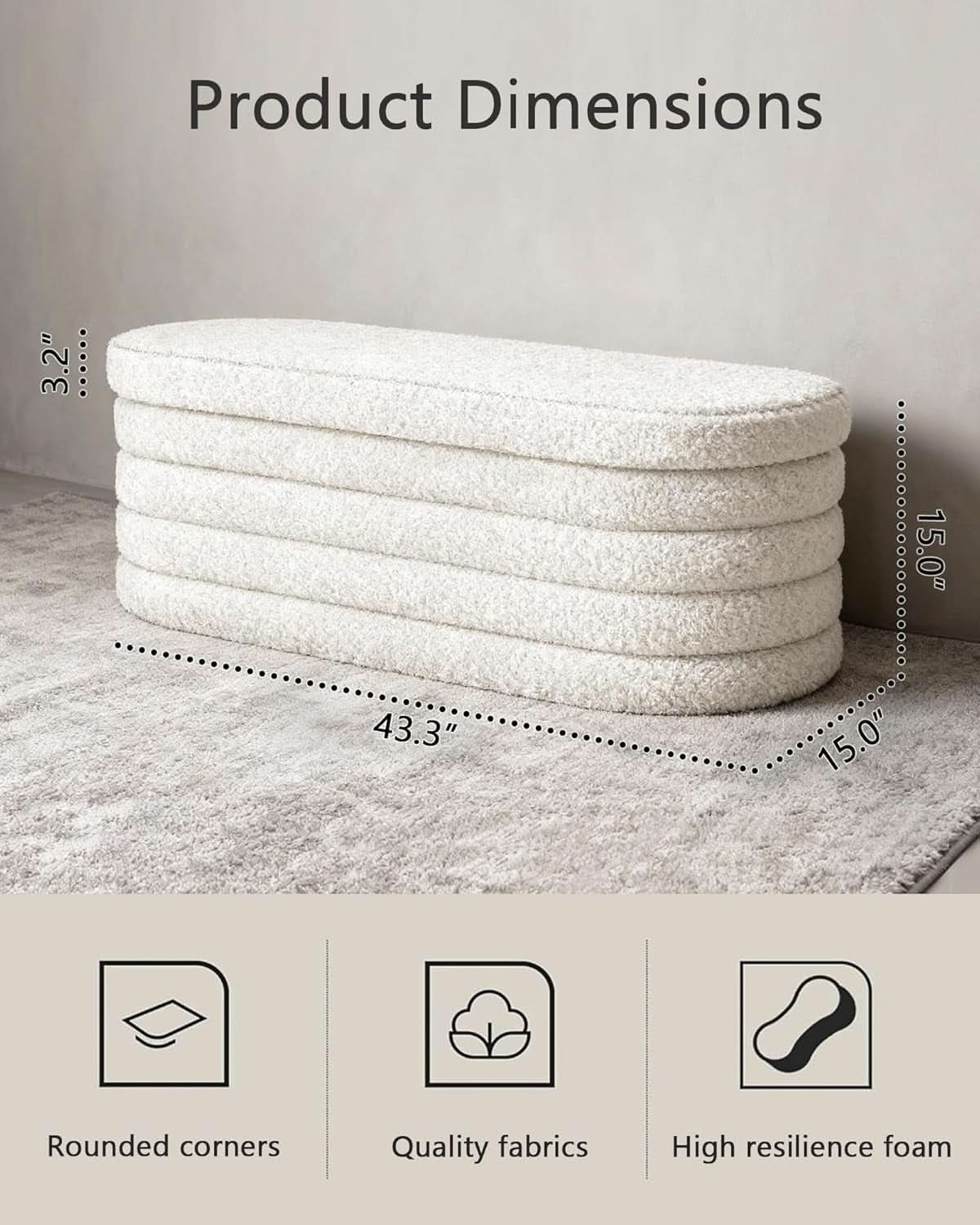43 Inch SherpaWhite Upholstered Storage Ottoman Bench