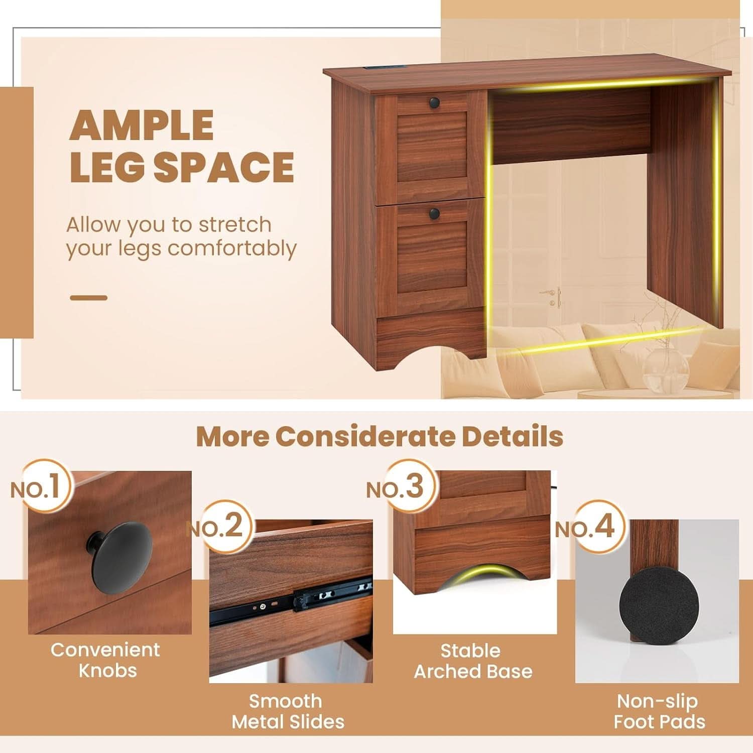 43 Inch Walnut Computer Desk With Charging Station