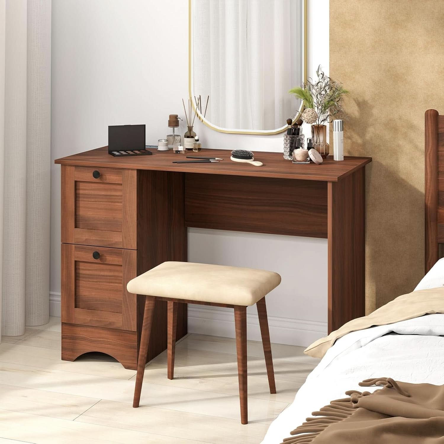43 Inch Walnut Computer Desk With Charging Station