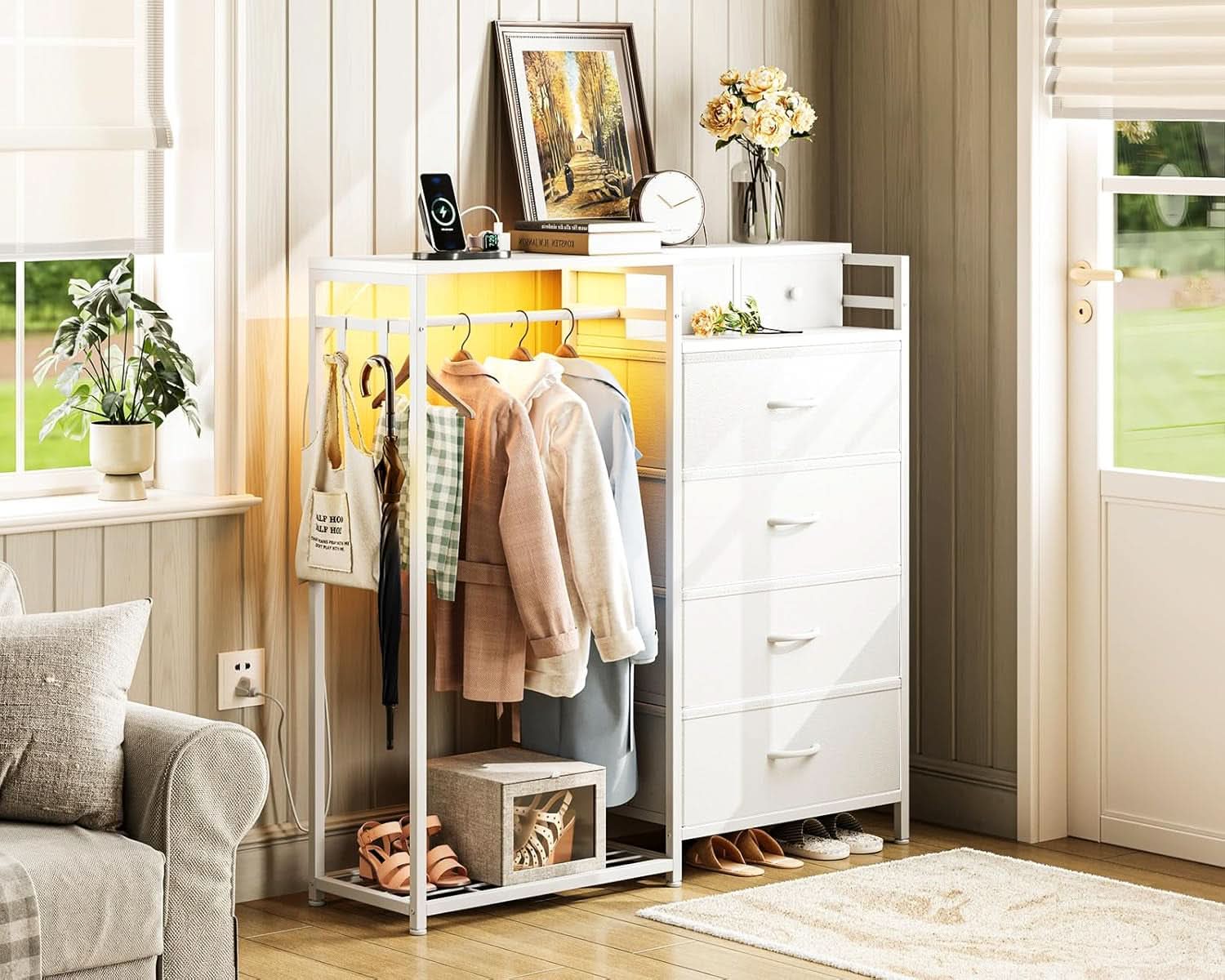 43Inch White Dresser With Hanging Rack AmbientLEDLighting