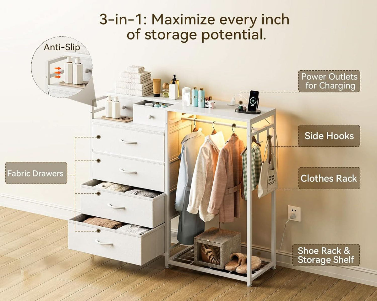43Inch White Dresser With Hanging Rack AmbientLEDLighting