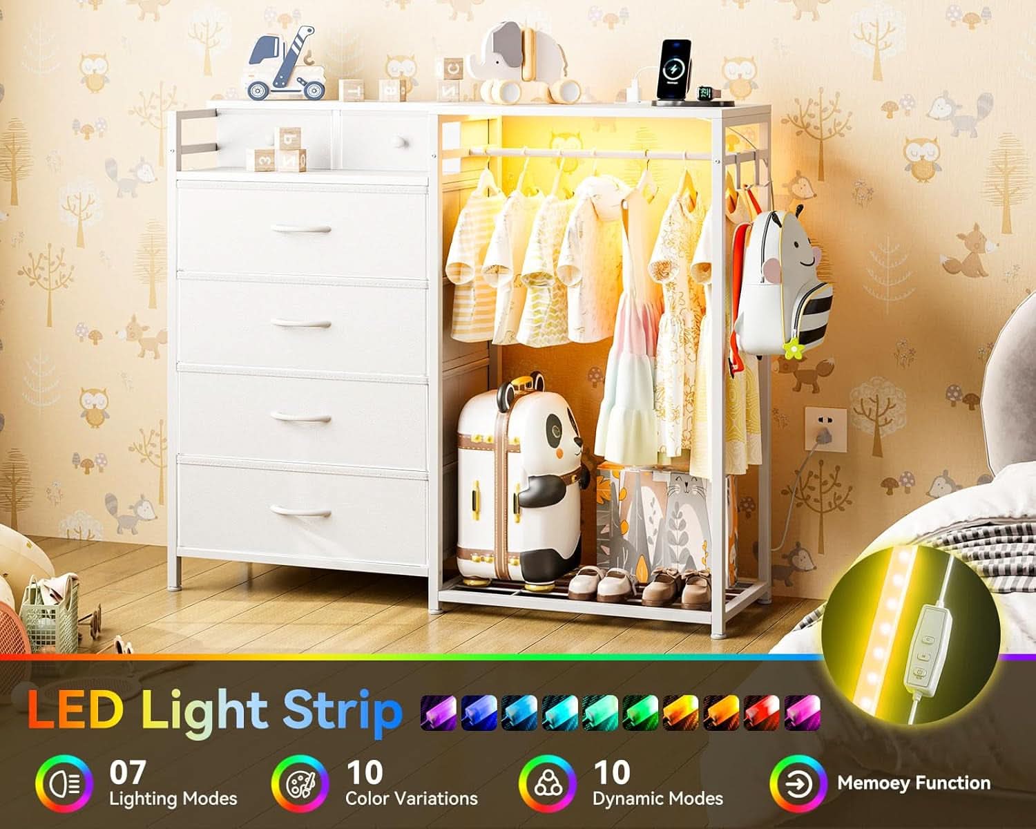 43Inch White Dresser With Hanging Rack AmbientLEDLighting