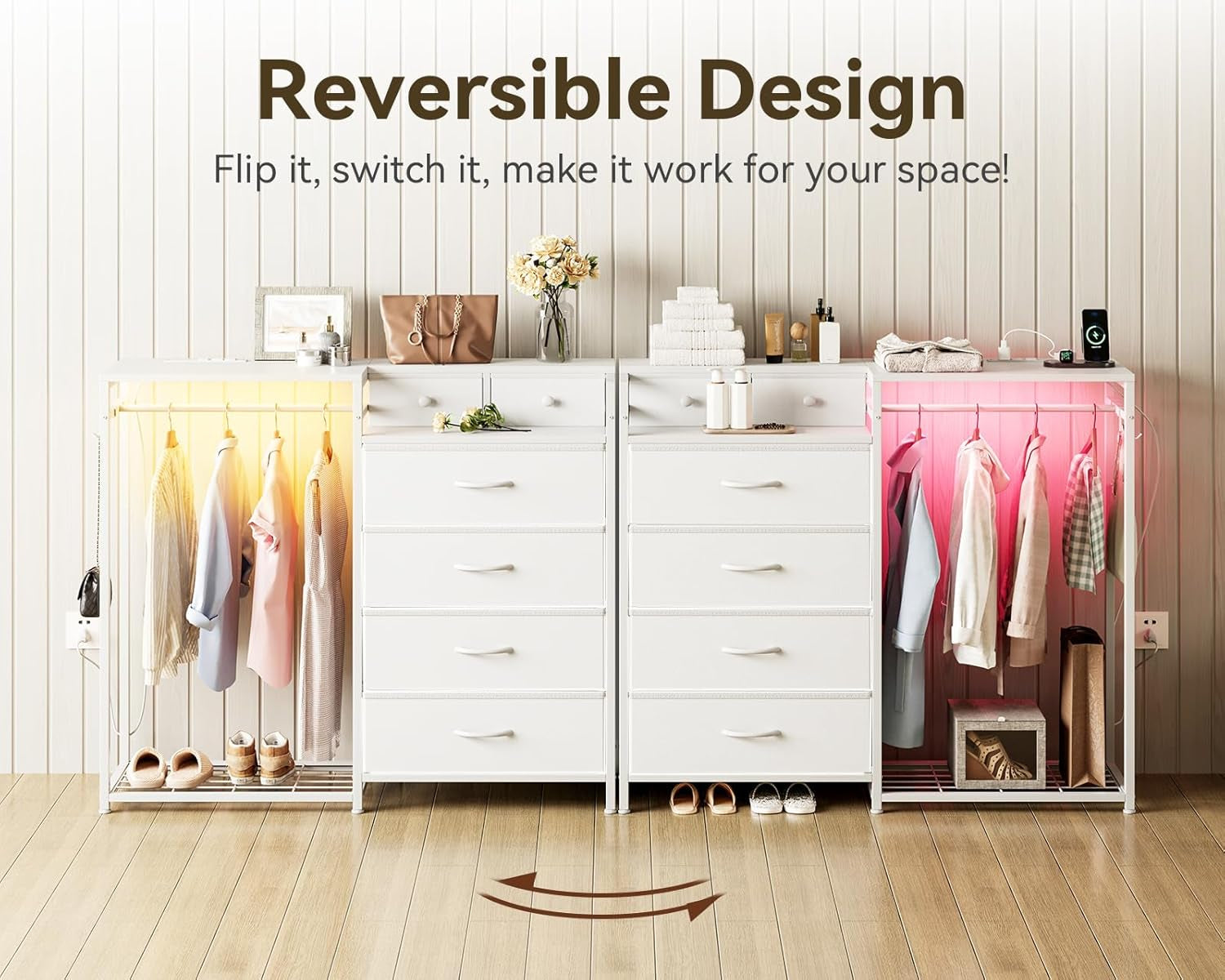 43Inch White Dresser With Hanging Rack AmbientLEDLighting