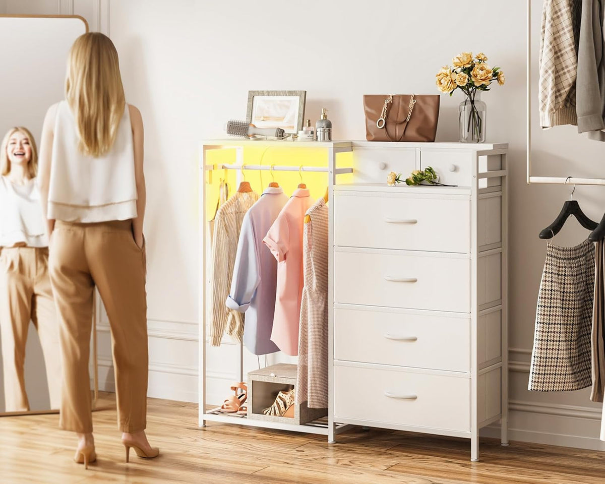 43Inch White Dresser With Hanging Rack AmbientLEDLighting