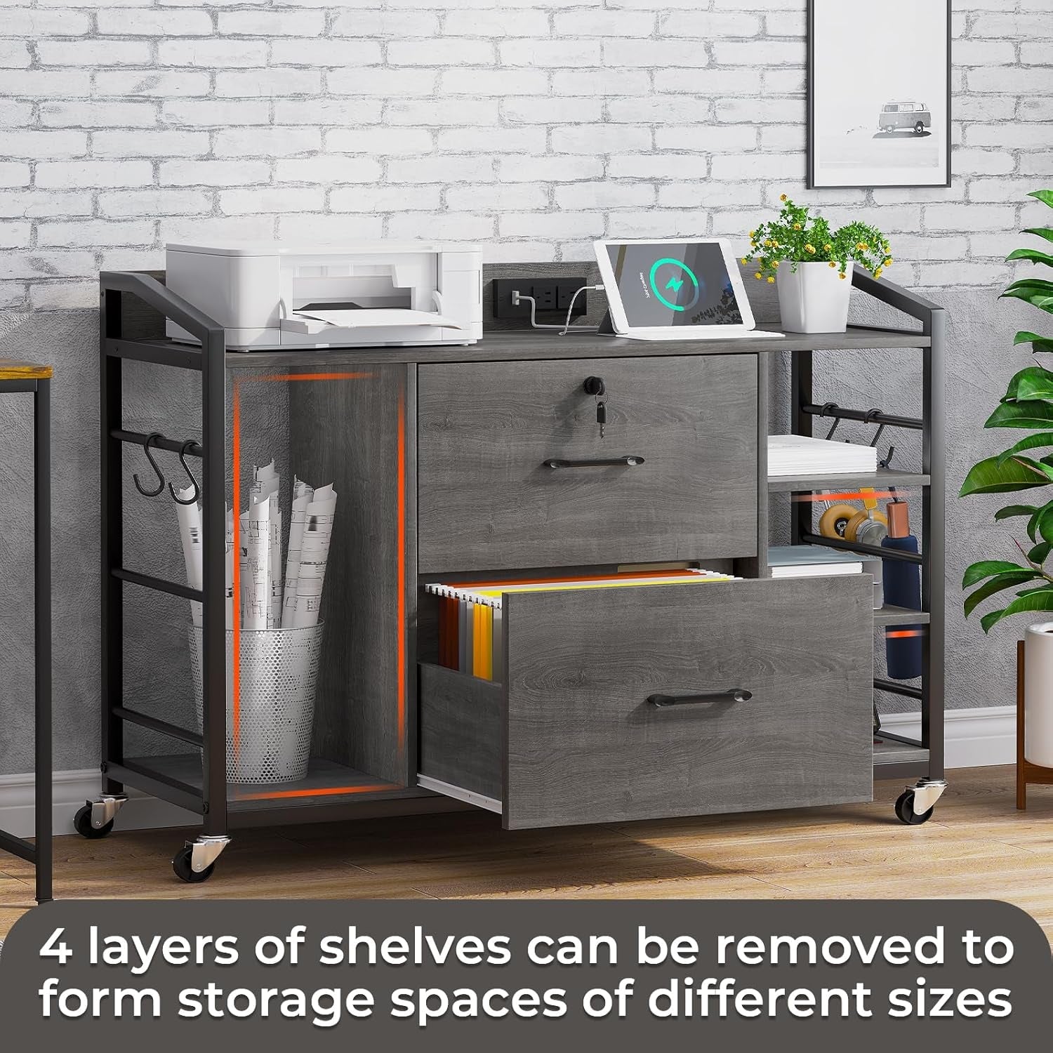 44 Inch 2 Drawer File Cabinet Grey With Lock For Office