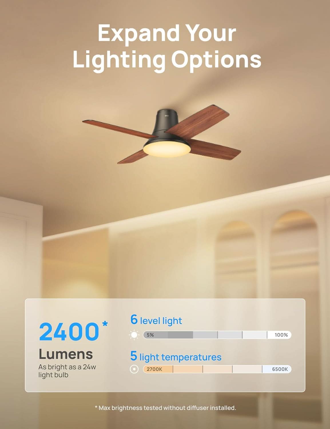 44 Inch Low Profile Black Ceiling Fan With Dimmable LED