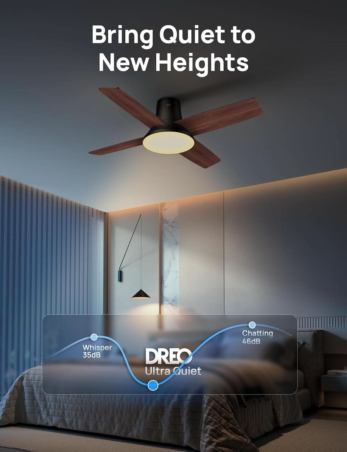 44 Inch Low Profile Black Ceiling Fan With Dimmable LED
