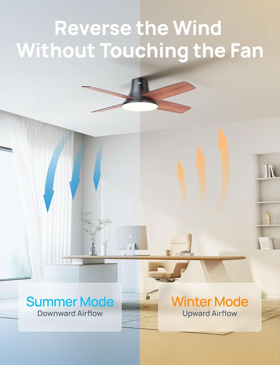 44 Inch Low Profile Black Ceiling Fan With Dimmable LED