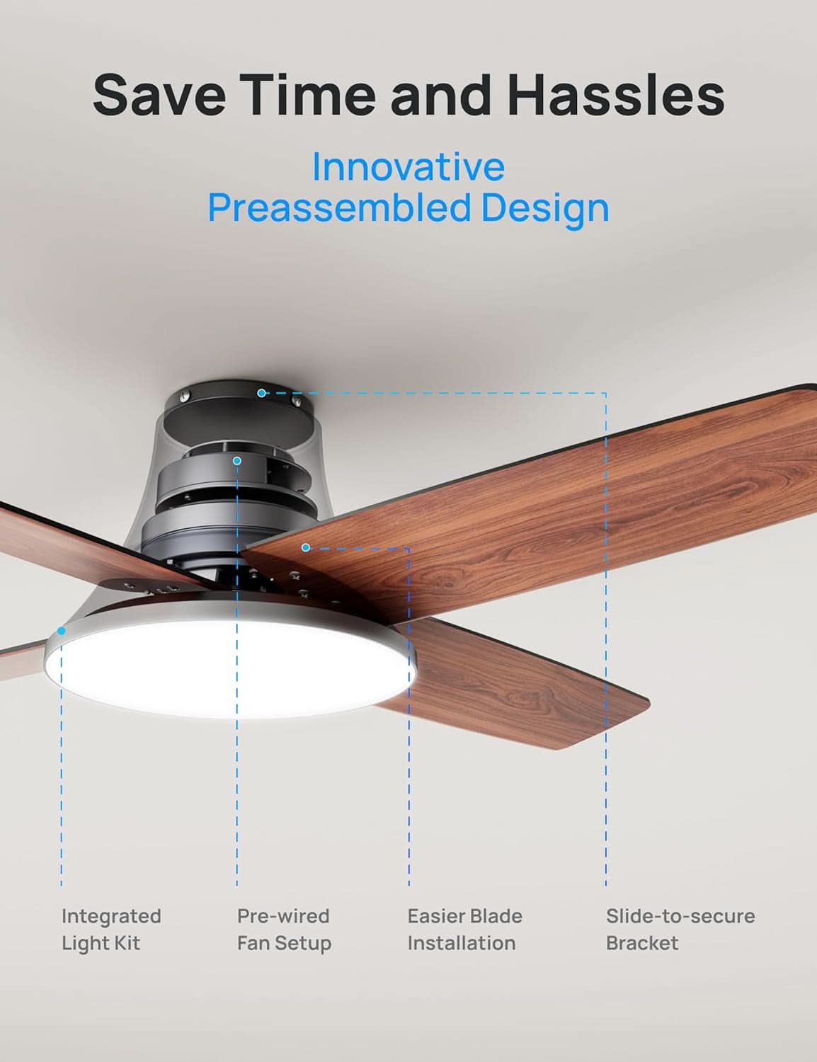44 Inch Low Profile Black Ceiling Fan With Dimmable LED