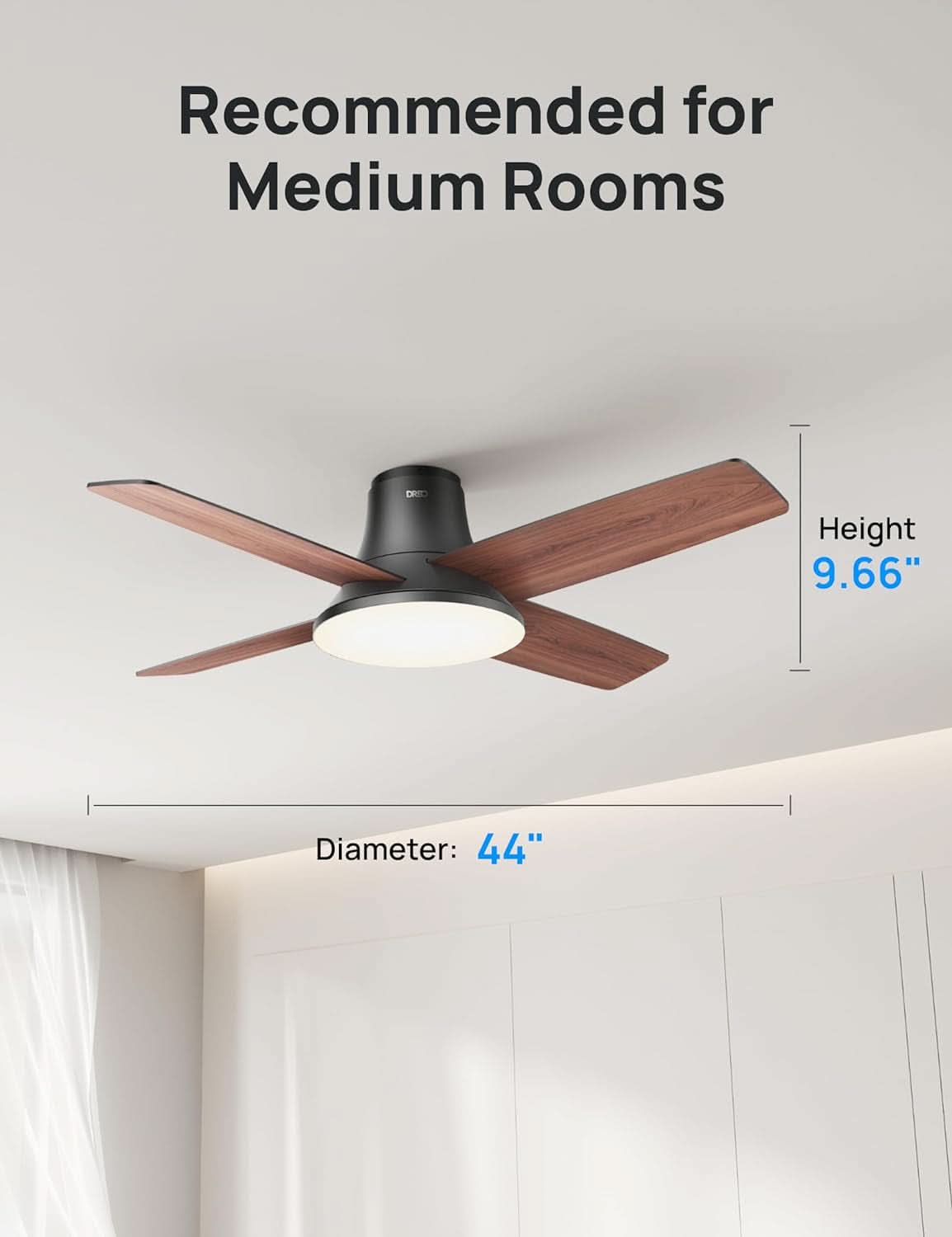 44 Inch Low Profile Black Ceiling Fan With Dimmable LED