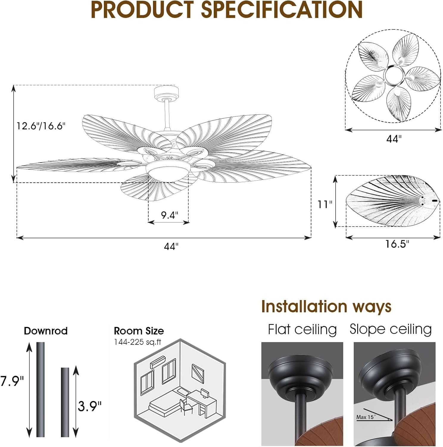 44 Inch Palm Leaf Ceiling Fan With LED Lighting Remote