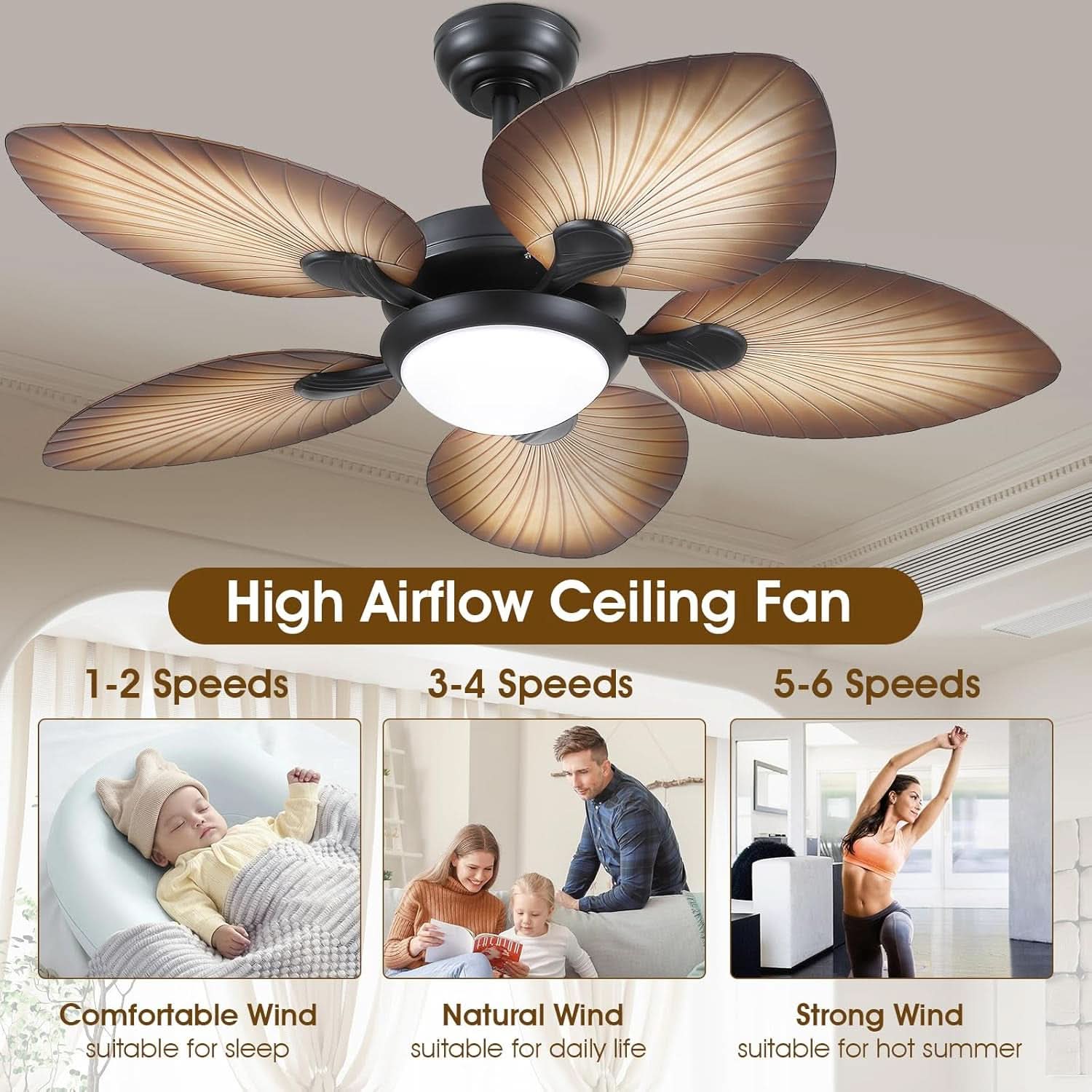 44 Inch Palm Leaf Ceiling Fan With LED Lighting Remote