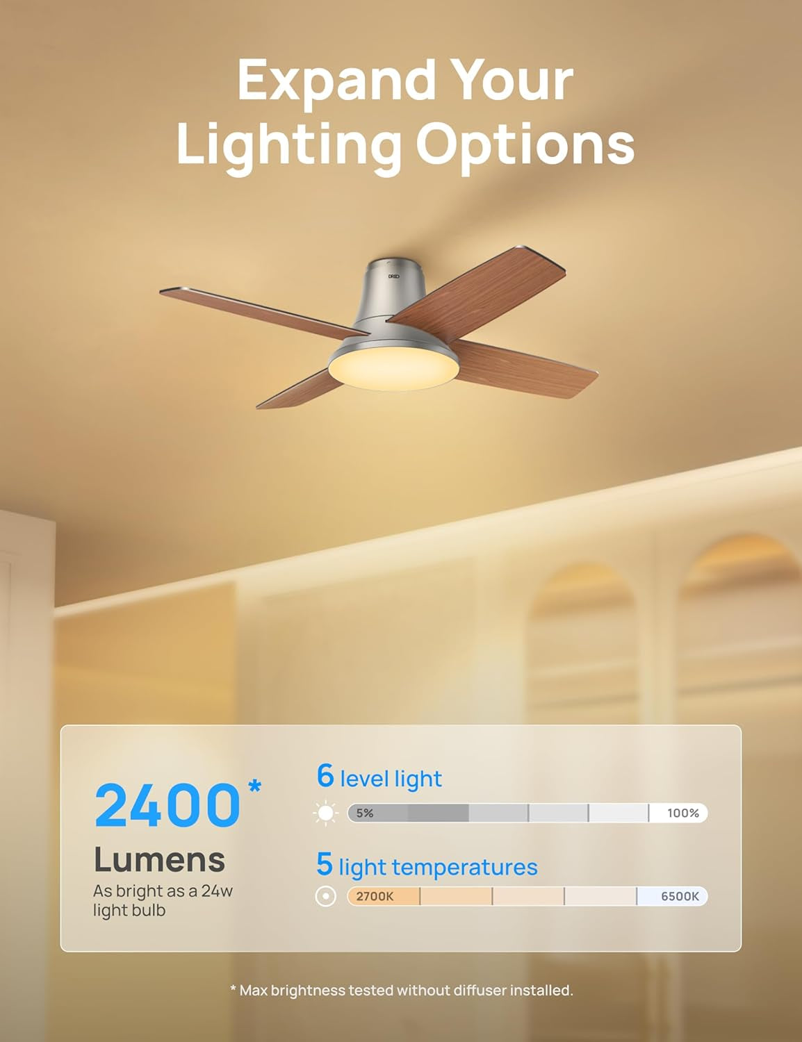 44 Inch Silver Ceiling Fan With Remote And Dimmable Lights