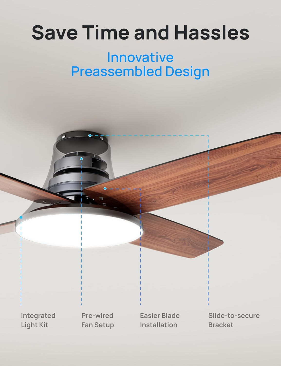 44 Inch Silver Ceiling Fan With Remote And Dimmable Lights