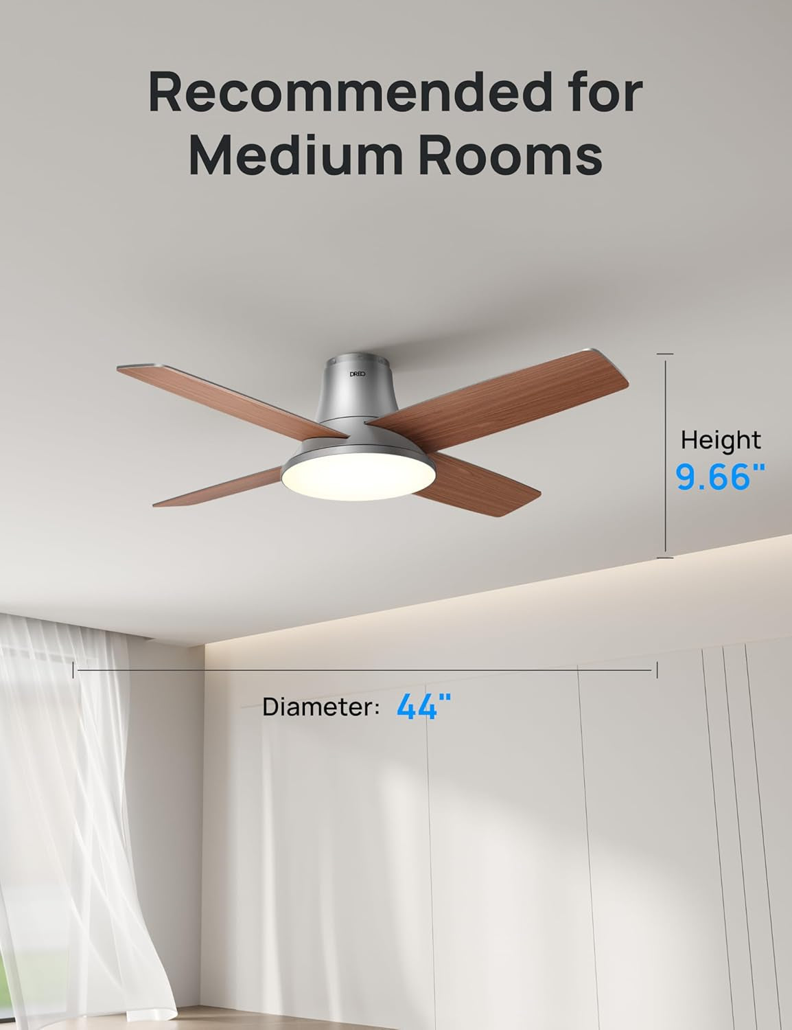 44 Inch Silver Ceiling Fan With Remote And Dimmable Lights