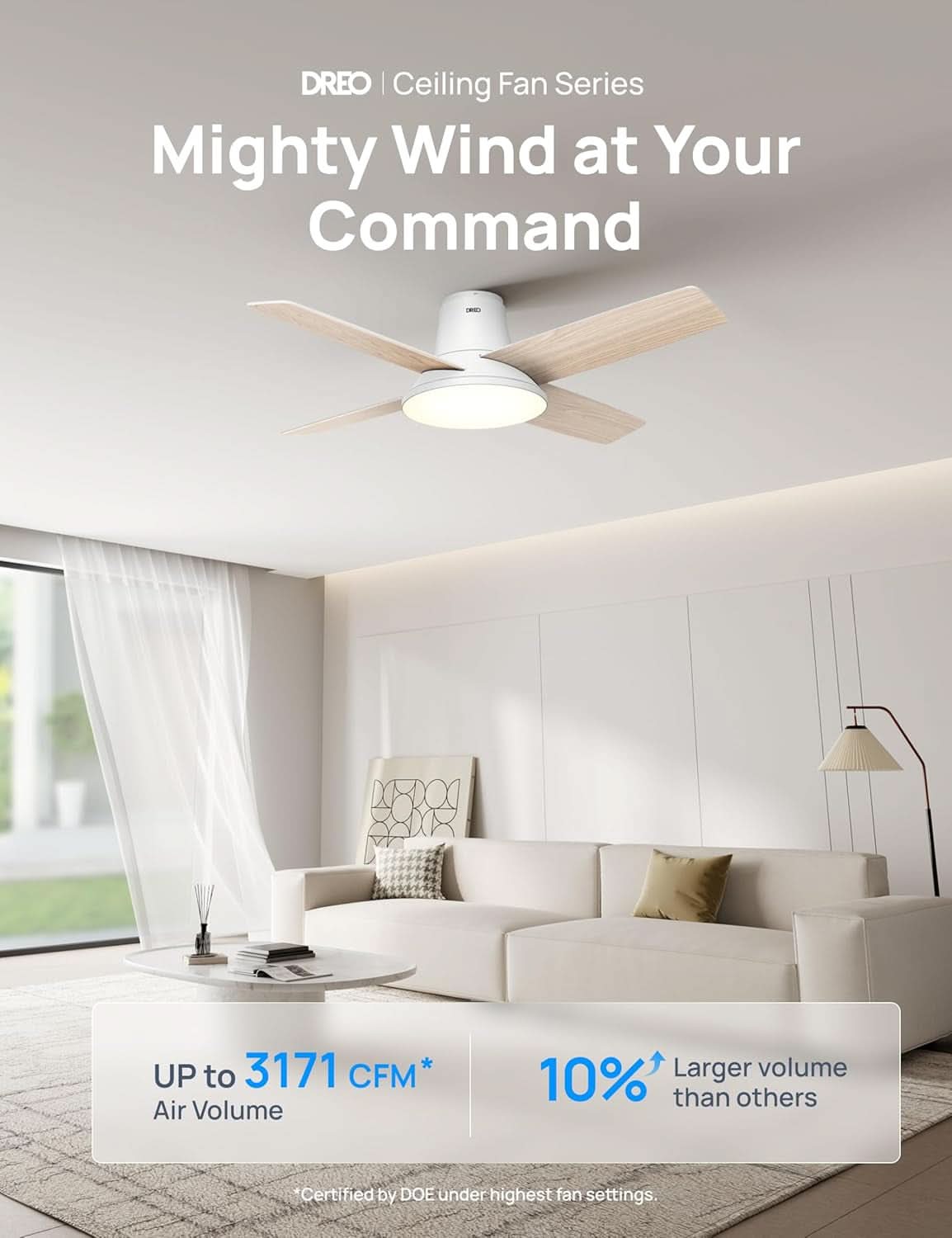 44 Inch White Smart Ceiling Fan With Dimmable LED Light And Remote