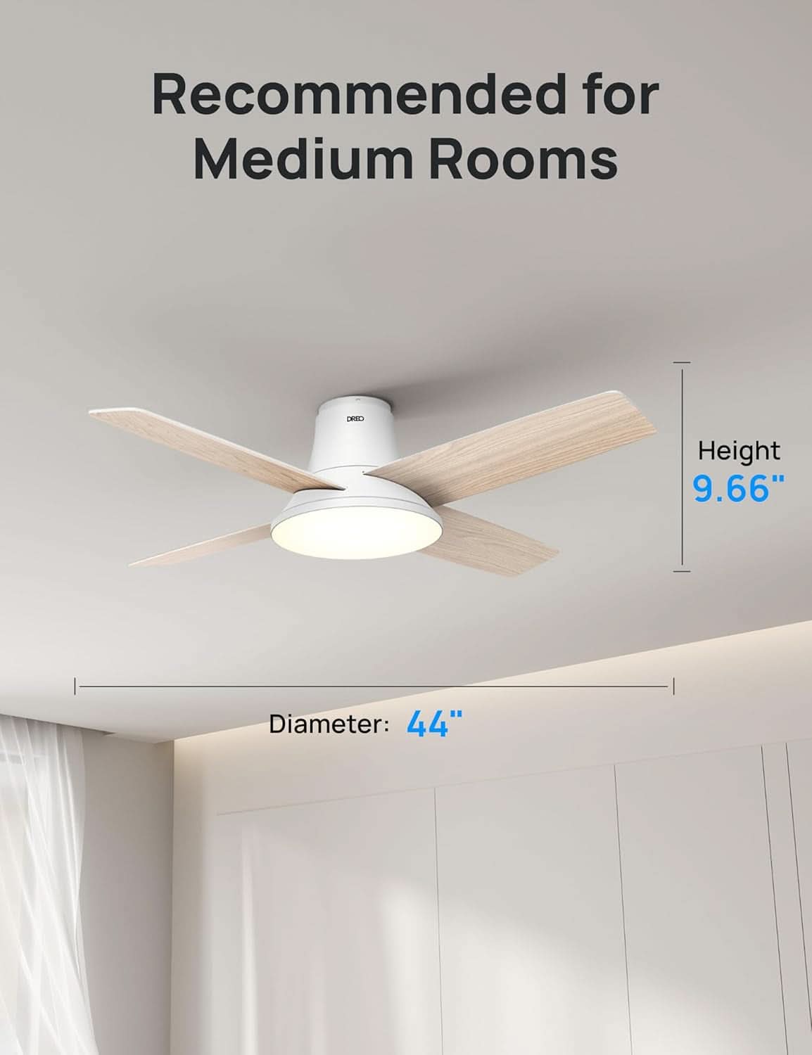 44 Inch White Smart Ceiling Fan With Dimmable LED Light And Remote