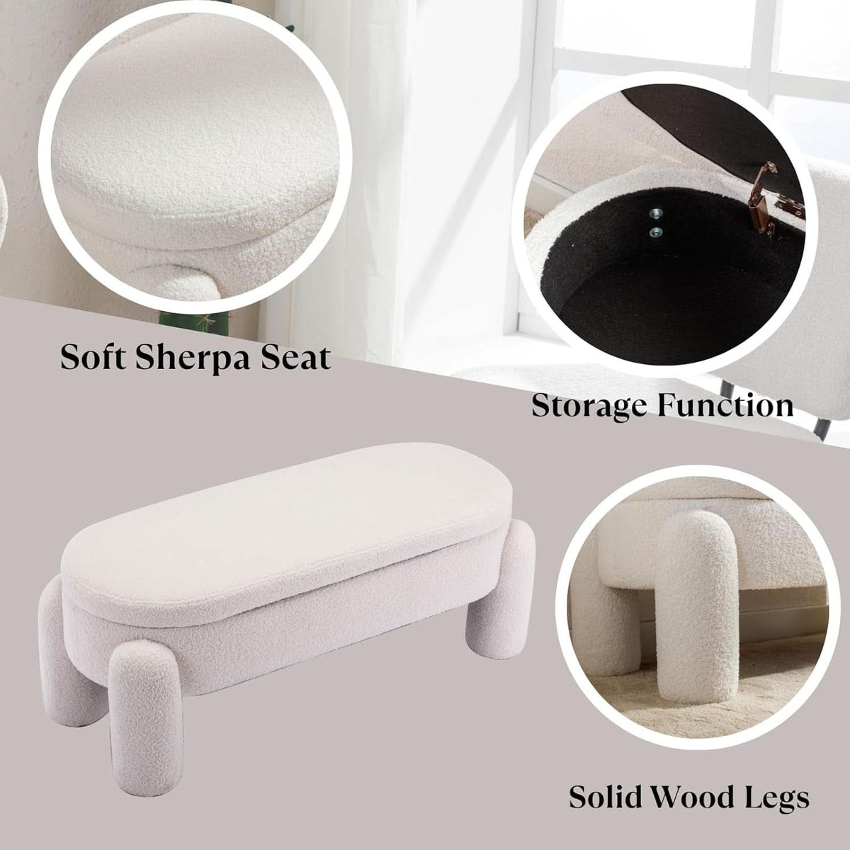 44.7-Inch White Boucle Upholstered Storage Ottoman Bench