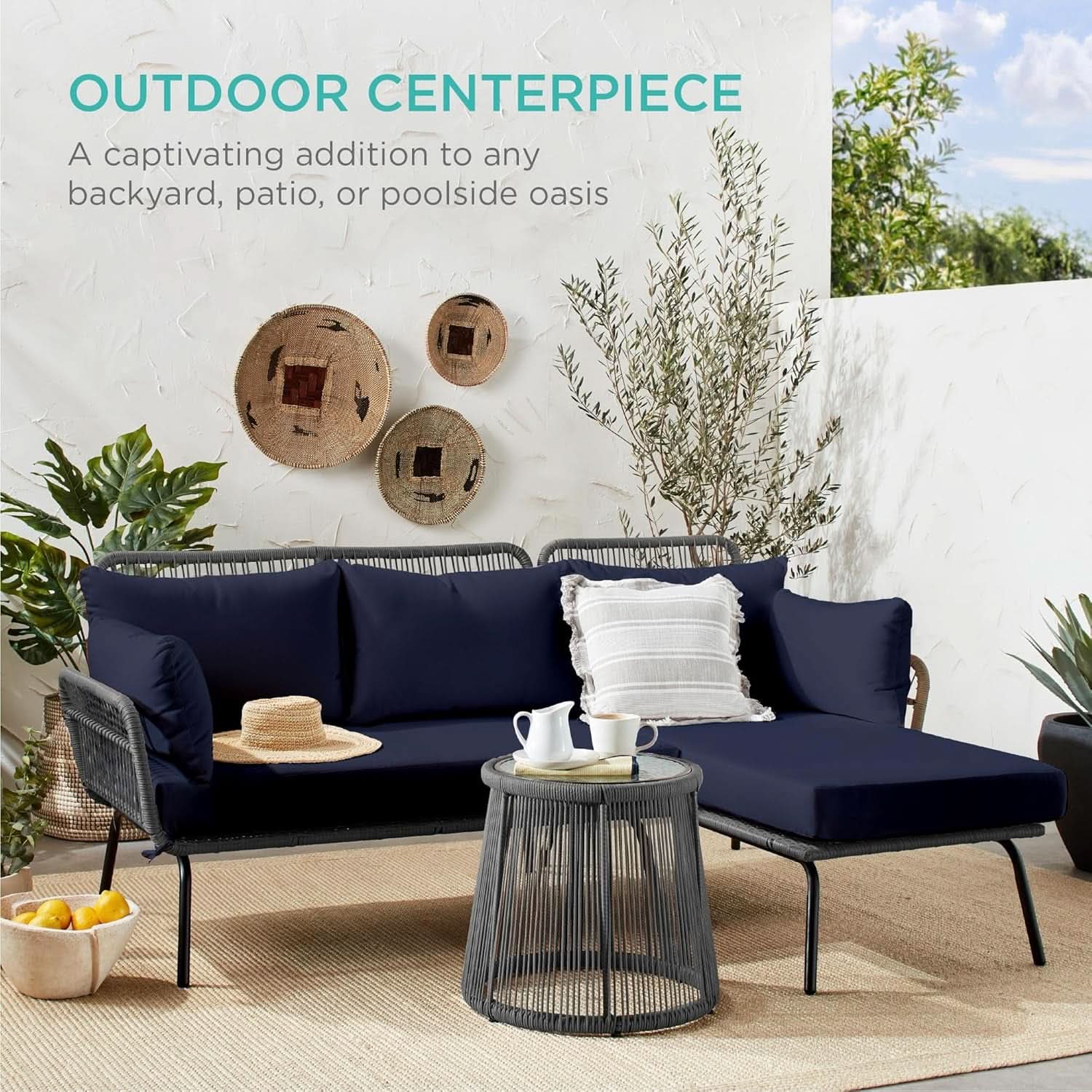 Outdoor Rope Woven Sectional Sofa Gray Navy Cushions