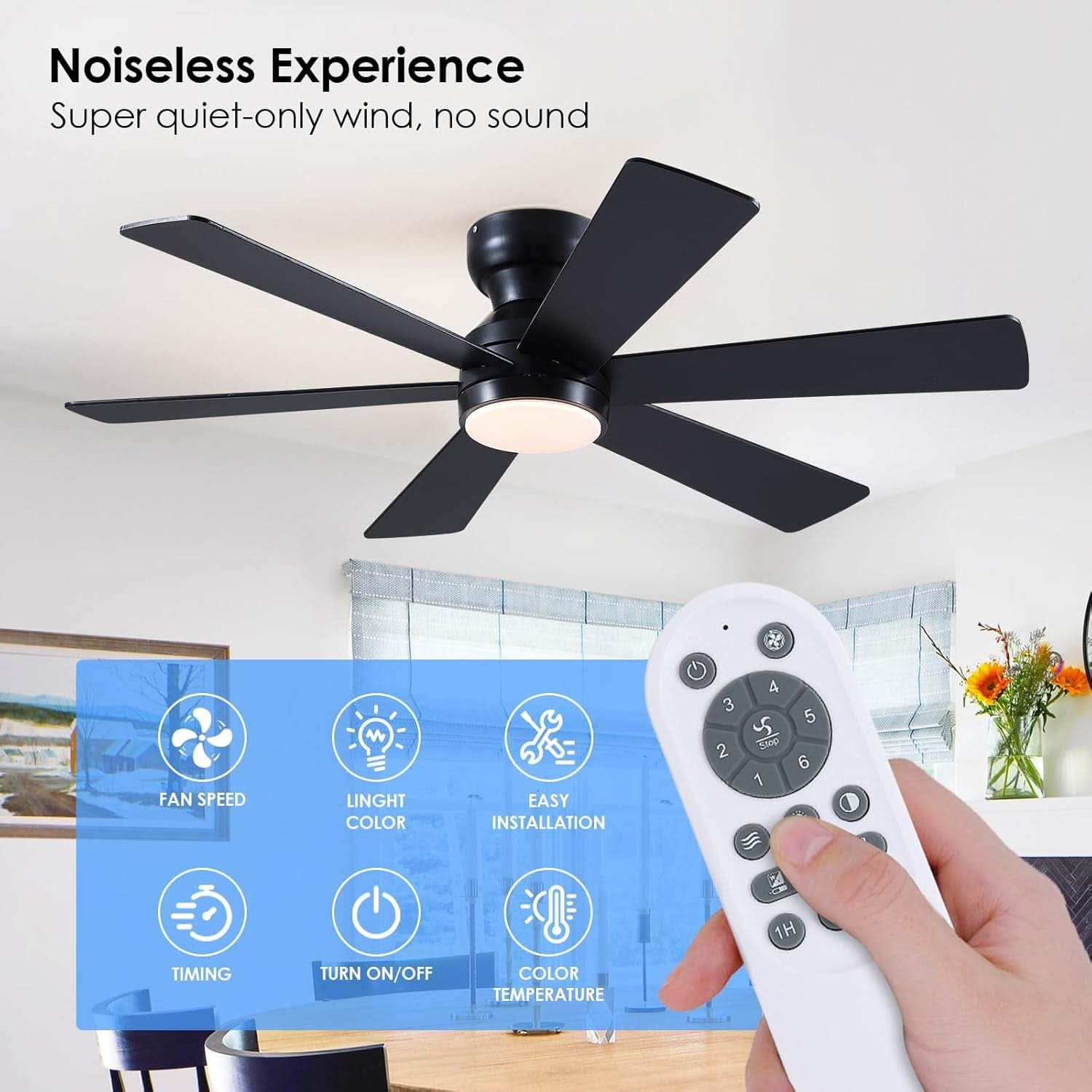 46 Inch Black Ceiling Fan With Dimmable LED Remote