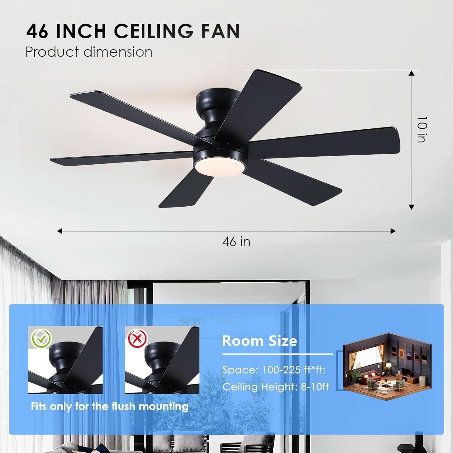 46 Inch Black Ceiling Fan With Dimmable LED Remote
