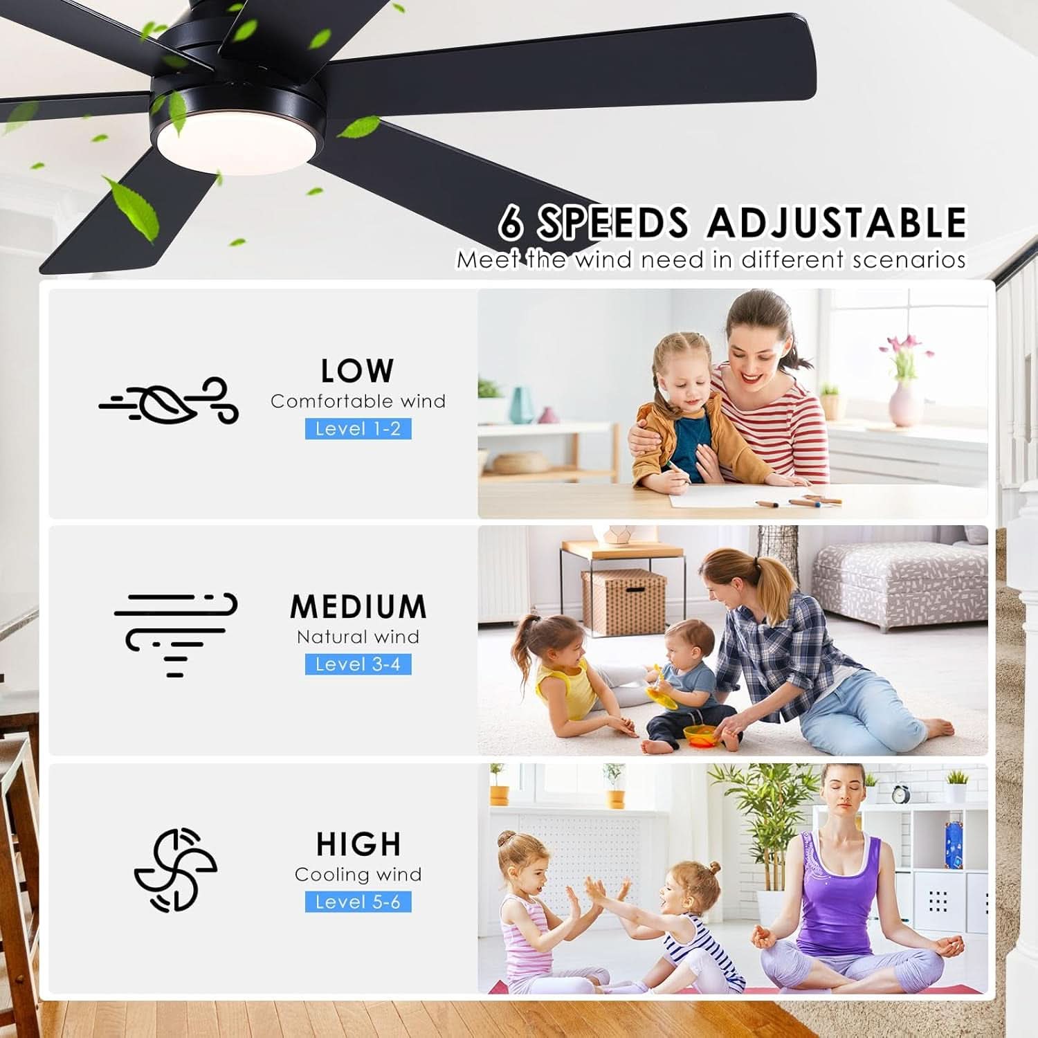 46 Inch Black Ceiling Fan With Dimmable LED Remote
