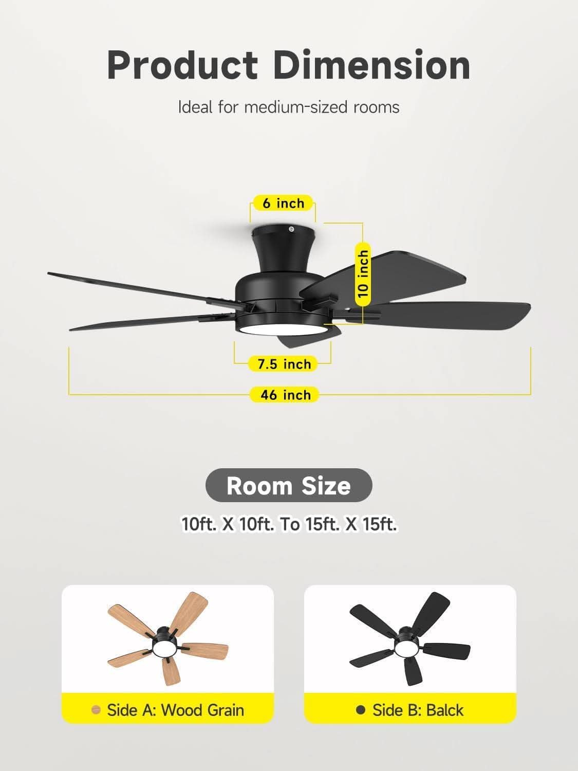 46 Inch Black Ceiling Fan With Remote Dimmable Light 3CCT