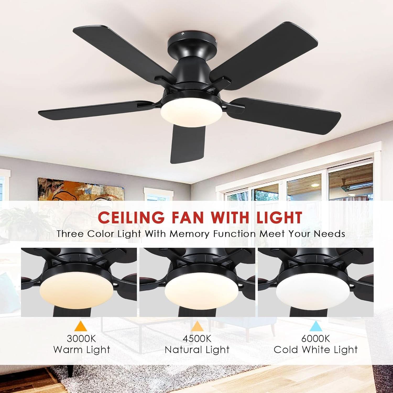 46 Inch Black Low Profile Ceiling Fan With Light Remote App