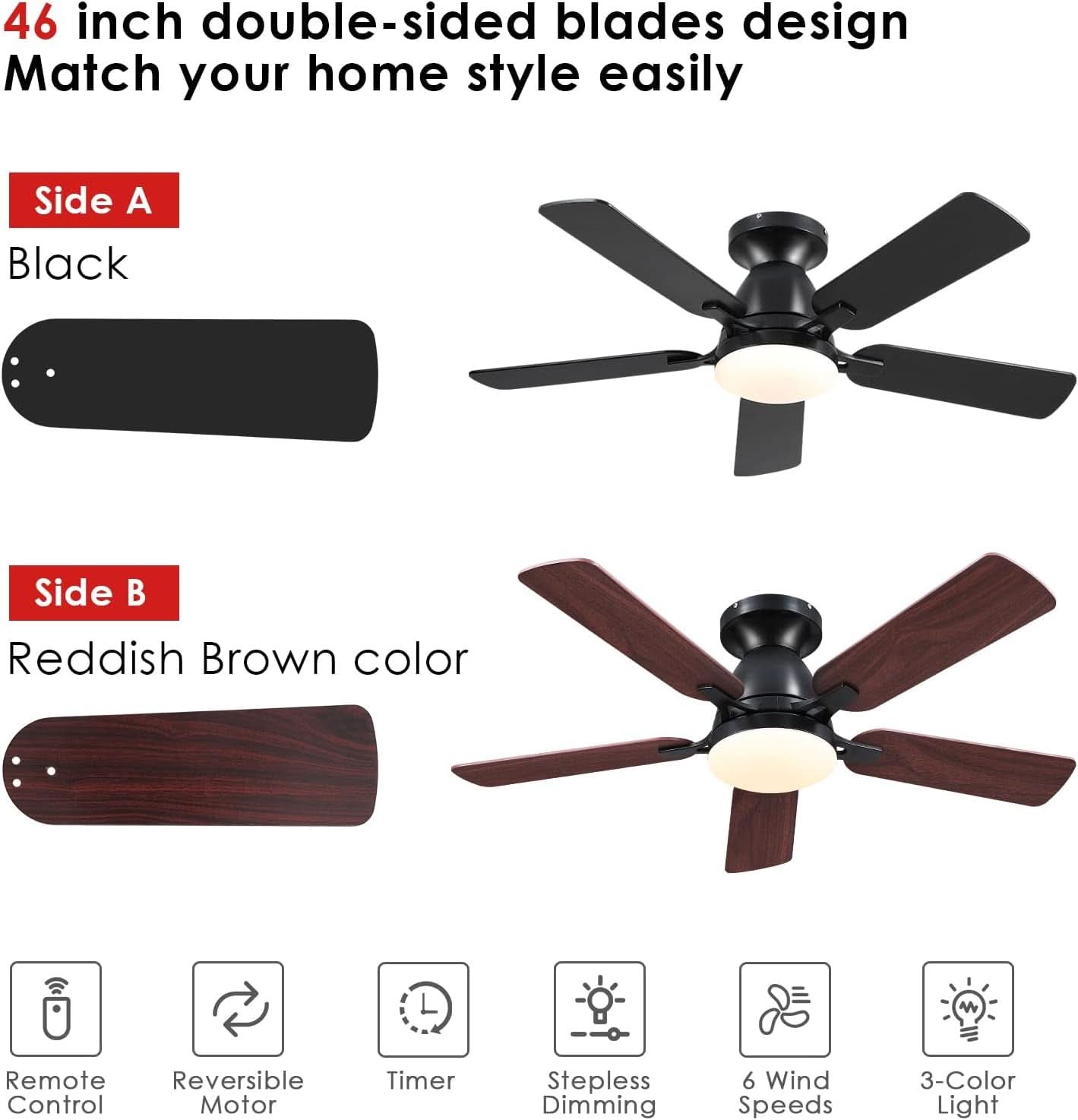 46 Inch Black Low Profile Ceiling Fan With Light Remote App