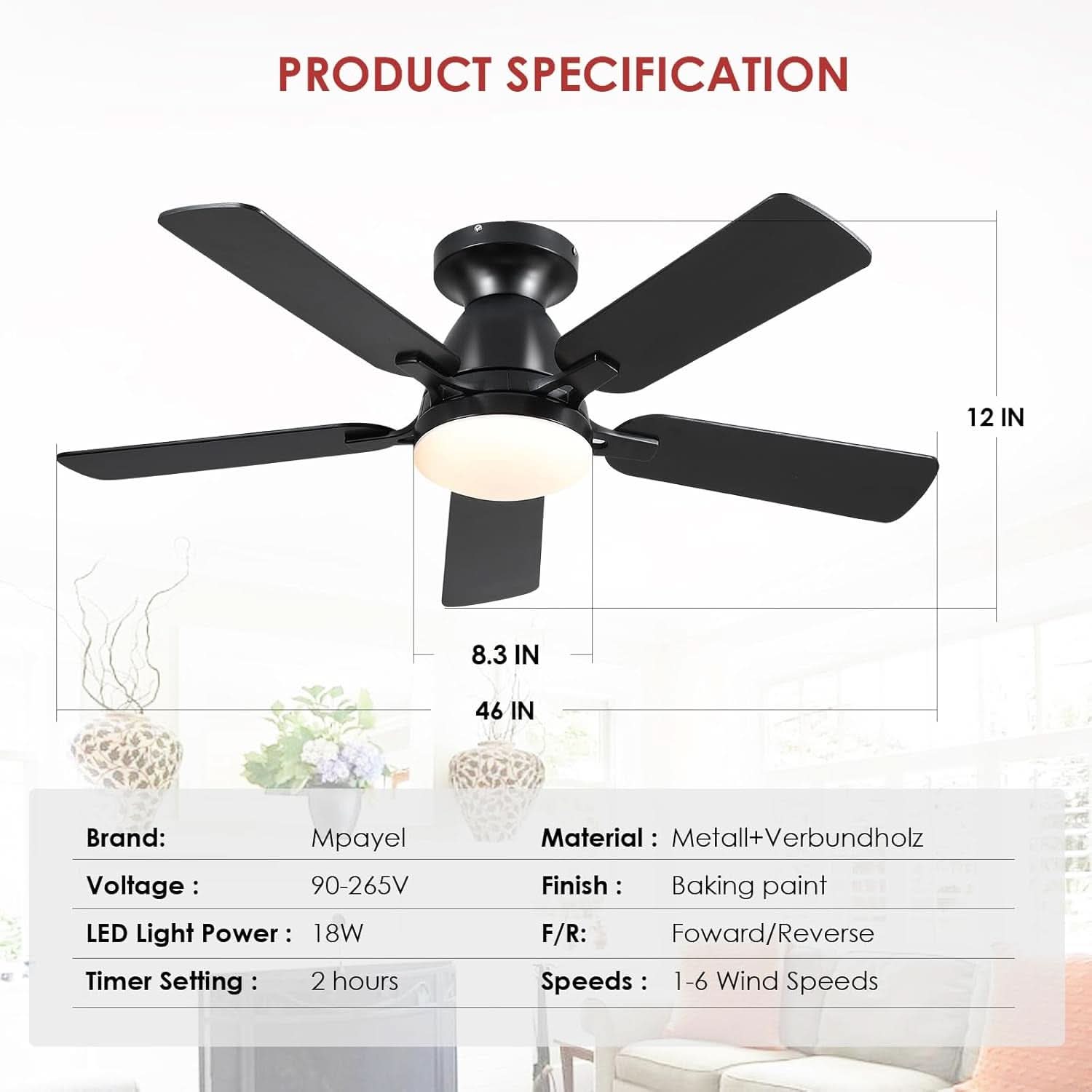 46 Inch Black Low Profile Ceiling Fan With Light Remote App