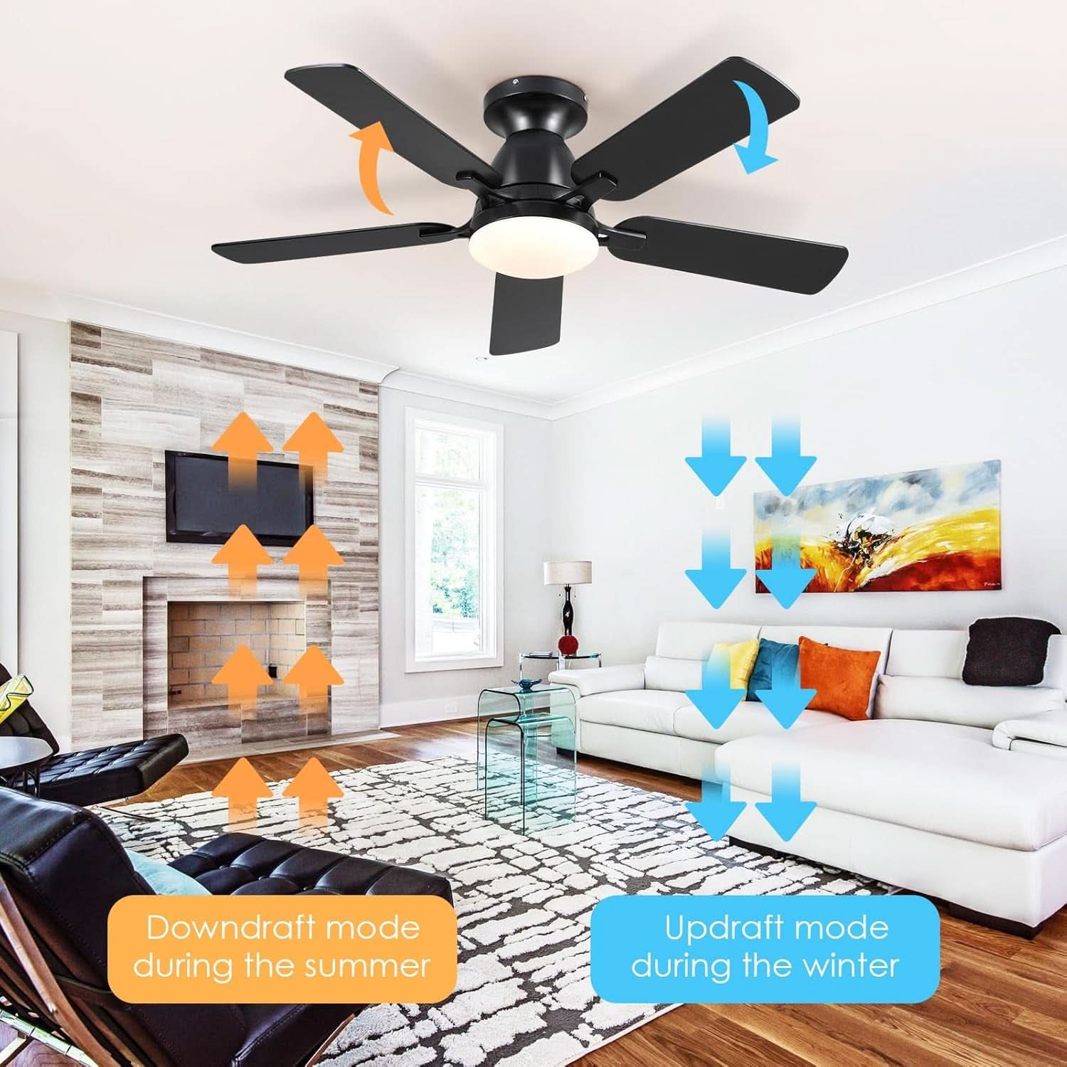 46 Inch Black Low Profile Ceiling Fan With Light Remote App