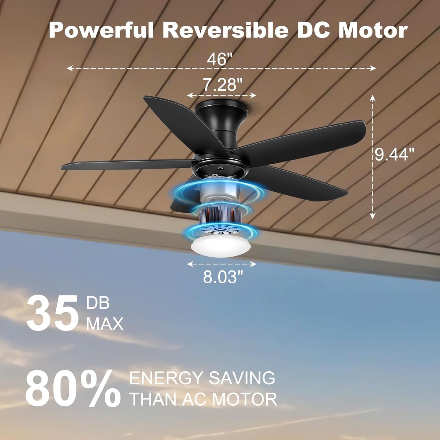 46 Inch Flush Mount Ceiling Fan With Dimmable Lights